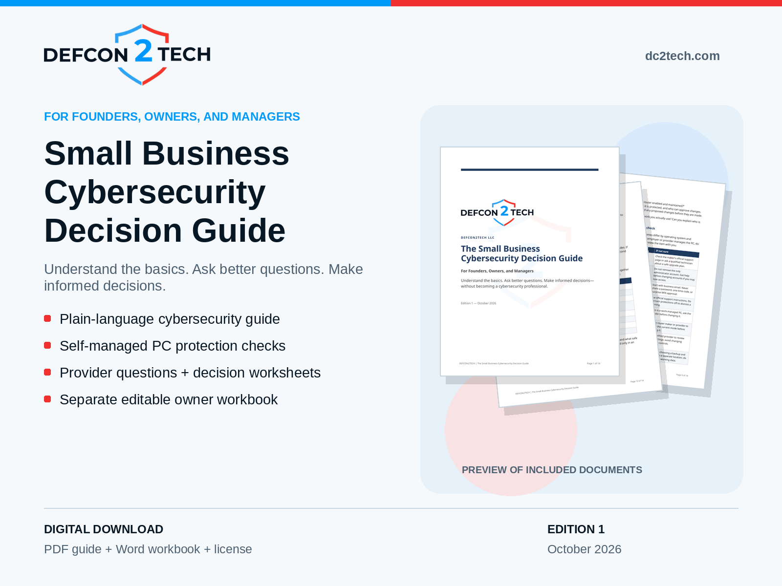 Small Business Cybersecurity Decision Guide for founders, owners, and managers, with guide and workbook previews, Edition 1